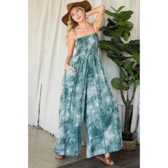 SOLD OUT Green Tie Dye Wide Palazzo Flare Leg Smocked Bohemian Casual Jumpsuit - Picture 3 of 13